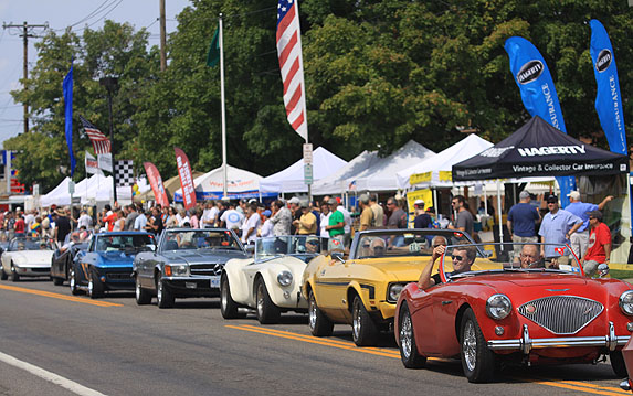 Grand Prix participants line up to take a lap around the original race track in Watkins Glen, NY